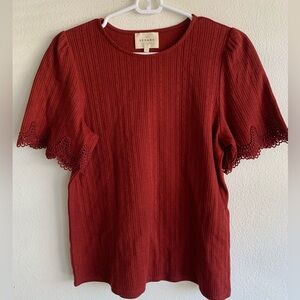 Sezane Top embroidered red women’s cotton size small crew neck shirt